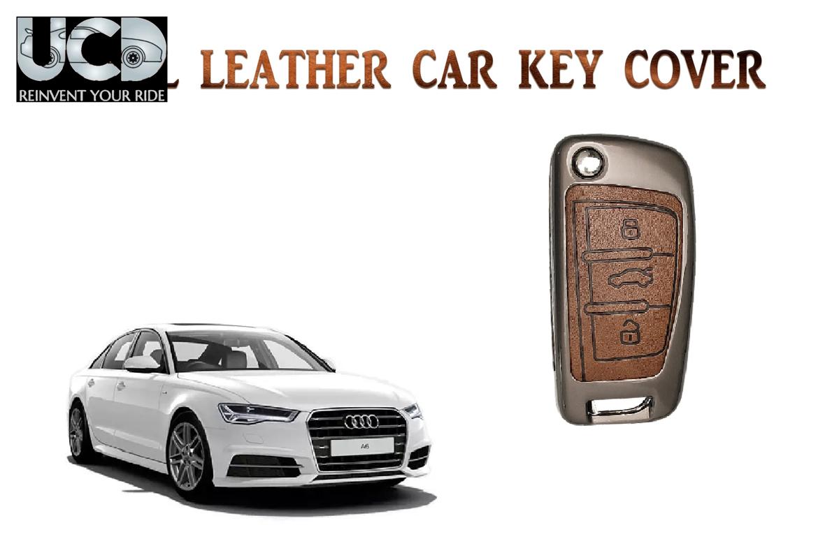 Metal Leather Car key cover with key chain Compatible With Audi A6