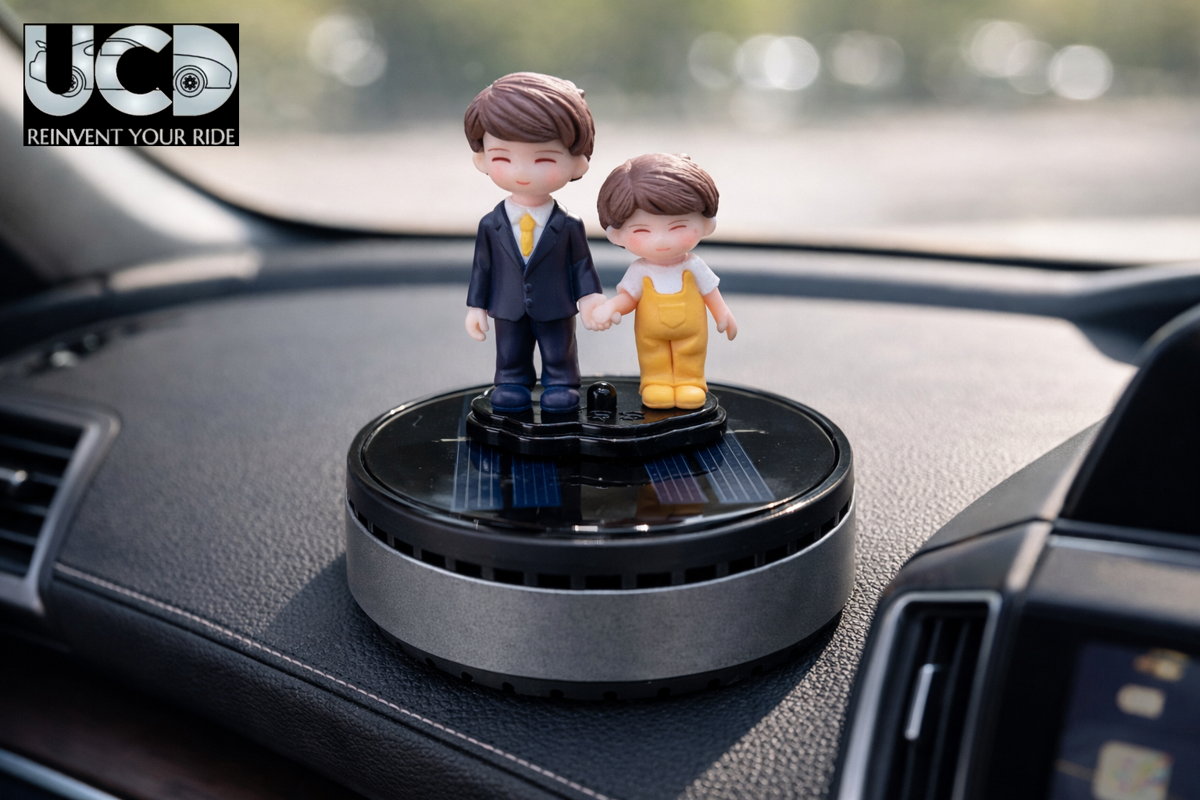 Solar Powered Rotating Parents Dad and Son Showpiece with Aroma Diffuser Bottle – Romantic Dashboard & Home Decor
