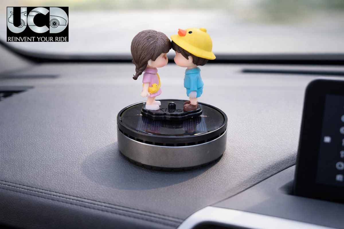 Solar Powered Rotating FH02 Couple Showpiece with Aroma Diffuser Bottle – Romantic Dashboard & Home Decor