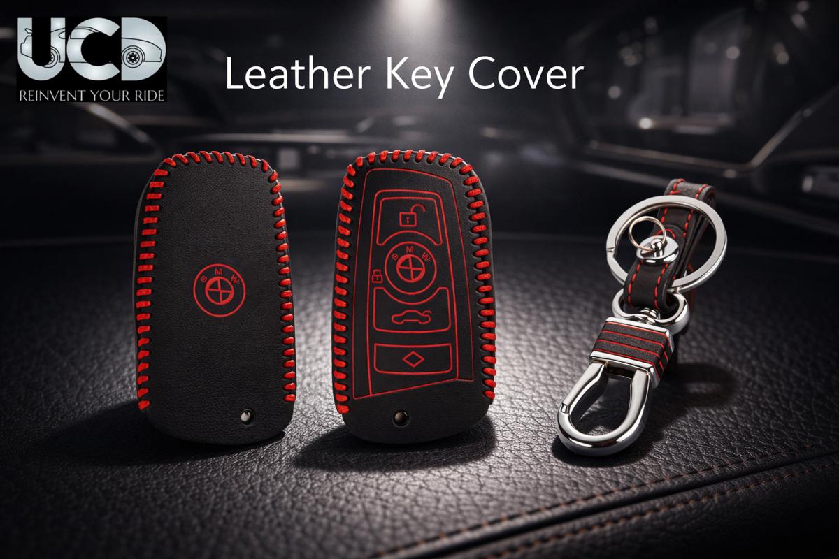Leather Car Key Cover with Key Chain Compatible for BMW 3 Series, 5 Series, 7 Series, M Series & X Series 3 Button Smart Key | Premium Black Leather with Red Stitching | 360° Protection | Pack of 1