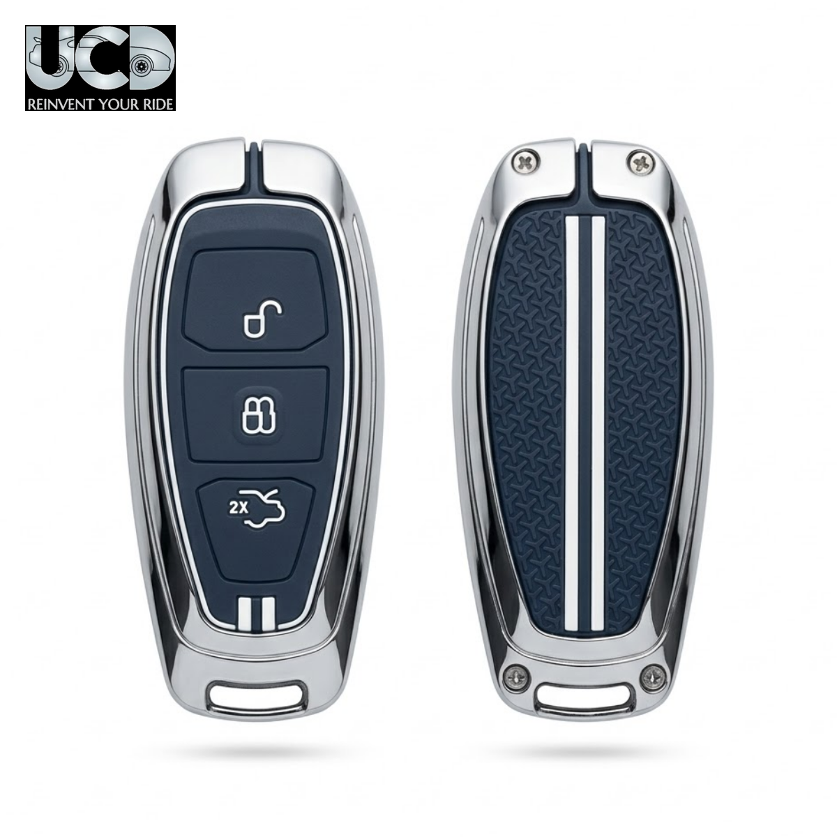 Metal Sapphire Key Cover & Key Chain Compatible with Ford EcoSport Smart Key & Xhorse Duplicate Key | Premium Zinc Alloy Case | Glow-in-the-Dark Buttons | 360° Full Protection | Pack of 1