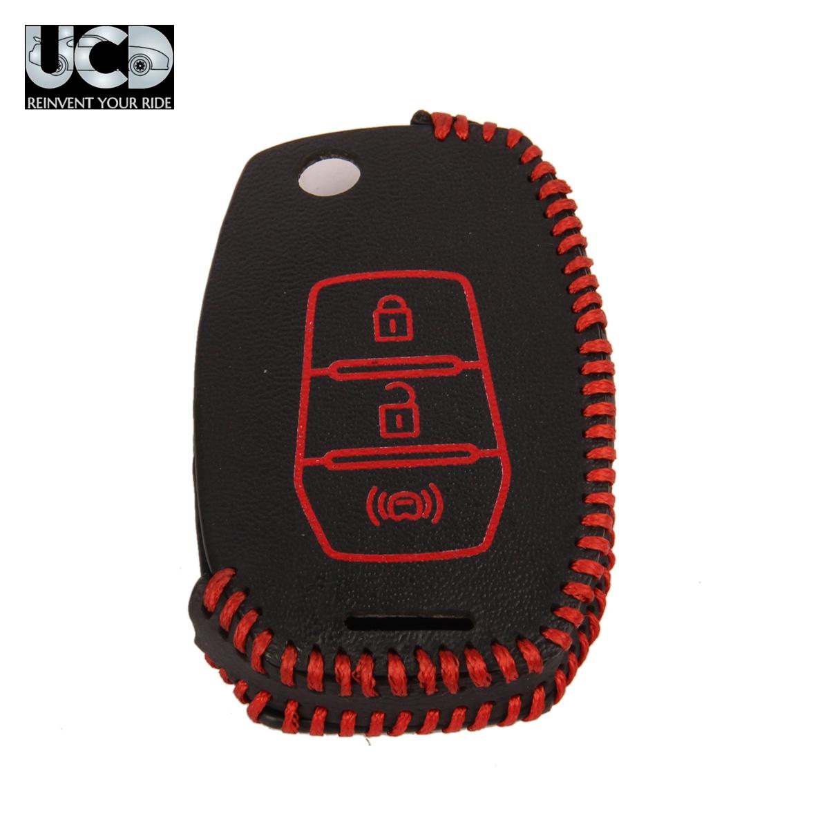 Leather Car Key Cover with Key Chain Compatible for Mahindra XUV300 3 Button Flip Key | Premium Black Leather with Red Stitching | 360° Protection | Pack of 1