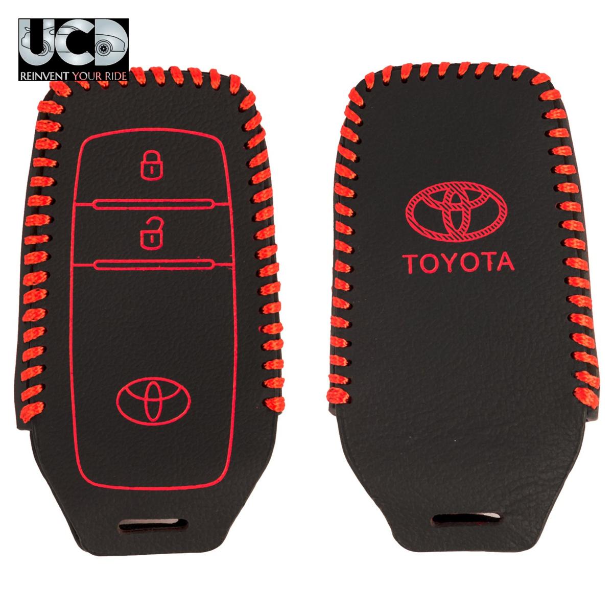 Leather Car Key Cover with Key Chain Compatible for Toyota Fortuner & Innova Crysta (2 Button Remote Key) | Premium Black with Red Stitching | 360° Protection | Stylish Key Case | Pack of 1