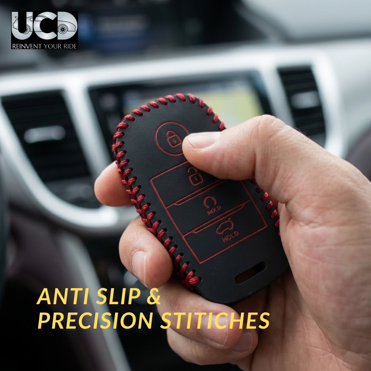 Leather Car Key Cover with Key Chain Compatible for Kia Sonet 2020 & Seltos 2020+ 3 Button Smart Key | Premium Black Leather with Red Stitching | 360° Protection | Pack of 1