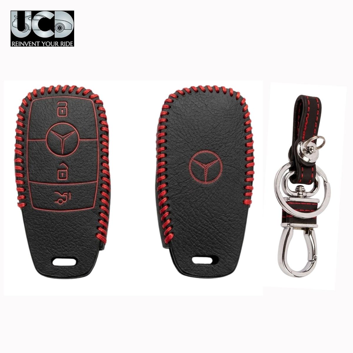 Leather Car Key Cover with Key Chain Compatible for Mercedes-Benz C-Class, M-Class, S-Class & GL-Series Smart Key | Premium Black Leather with Red Stitching | 360° Protection | Pack of 1