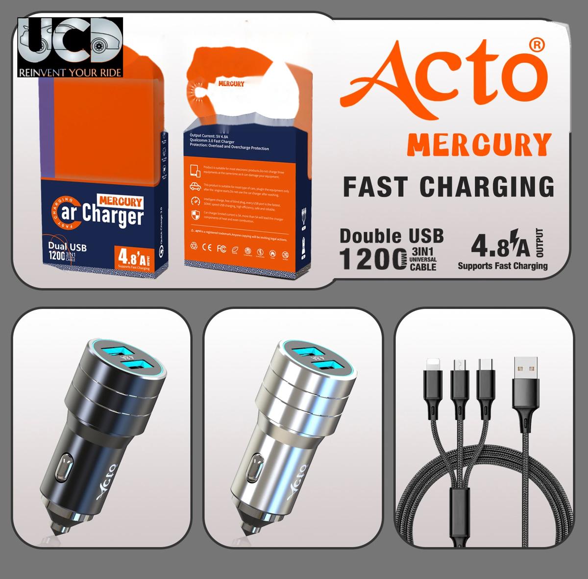 MERCURY CAR MOBILE CHARGER DUAL USB 4.8 AMP OUTPUT FAST CHARGING 100 WATT & 1200 MM 3 IN 1 DATA CABLE