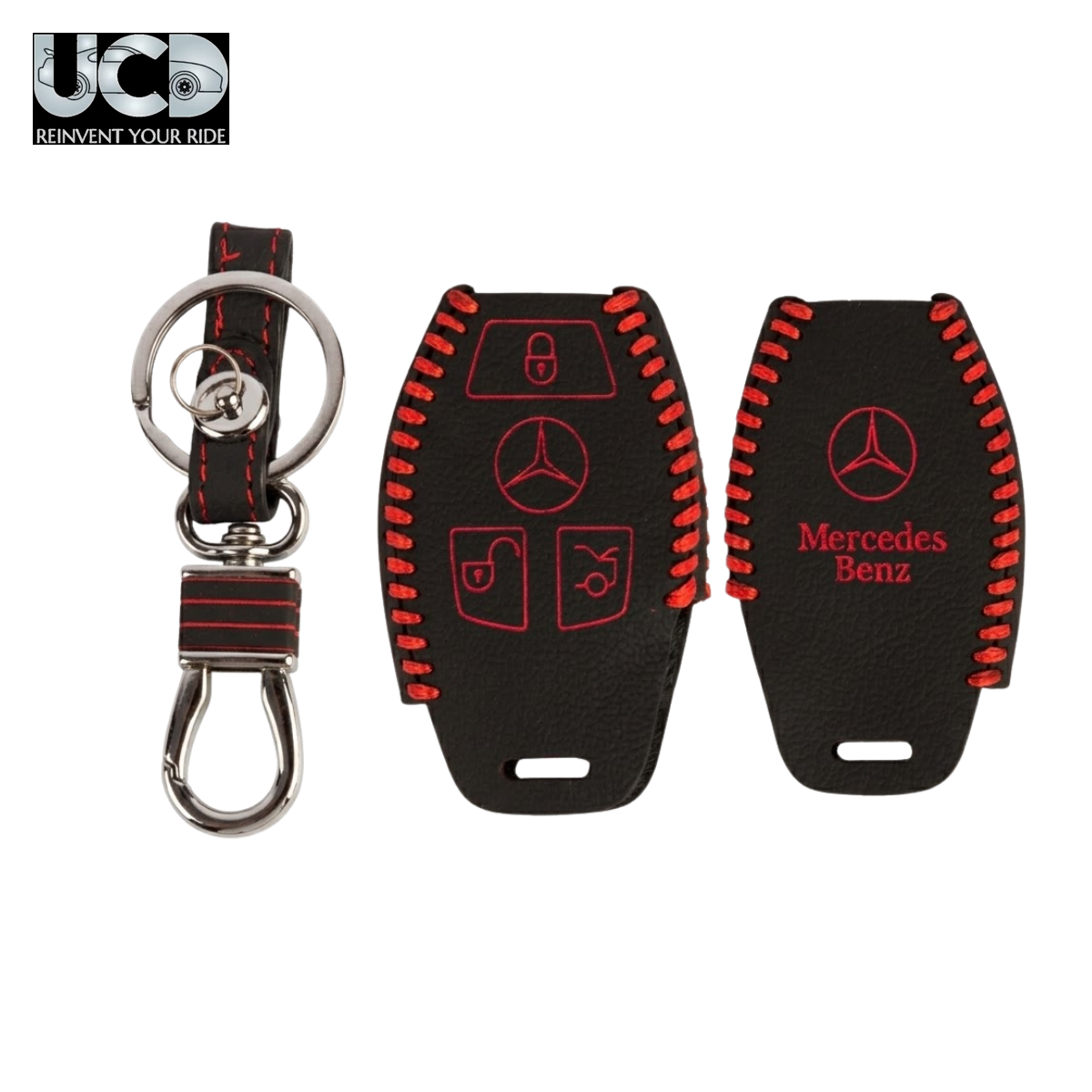 Leather Car Key Cover with Key Chain Compatible for Mercedes-Benz C-Class, M-Class, S-Class & GL-Series Smart Key | Premium Black Leather with Red Stitching | 360° Protection | Pack of 1