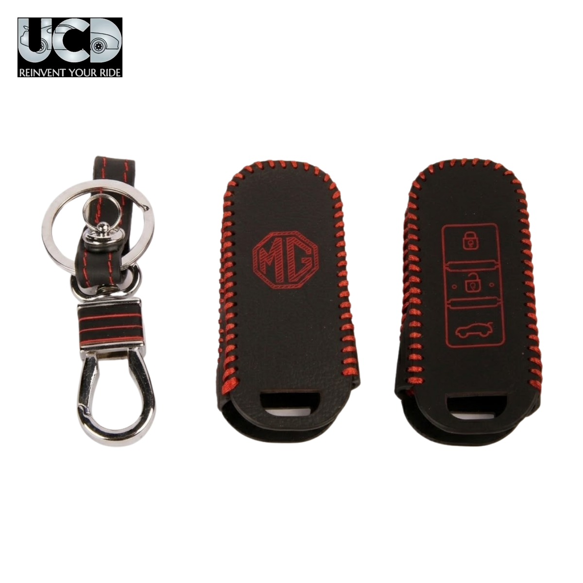 Leather Car Key Cover with Key Chain Compatible for MG Hector Smart Key | Premium Black Leather with Red Stitching | 360° Protection | Pack of 1