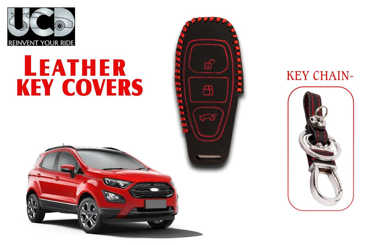 Leather key cover in Black color With Red Stitches with key chain Compatible With Ford Ecosport 3 Button
