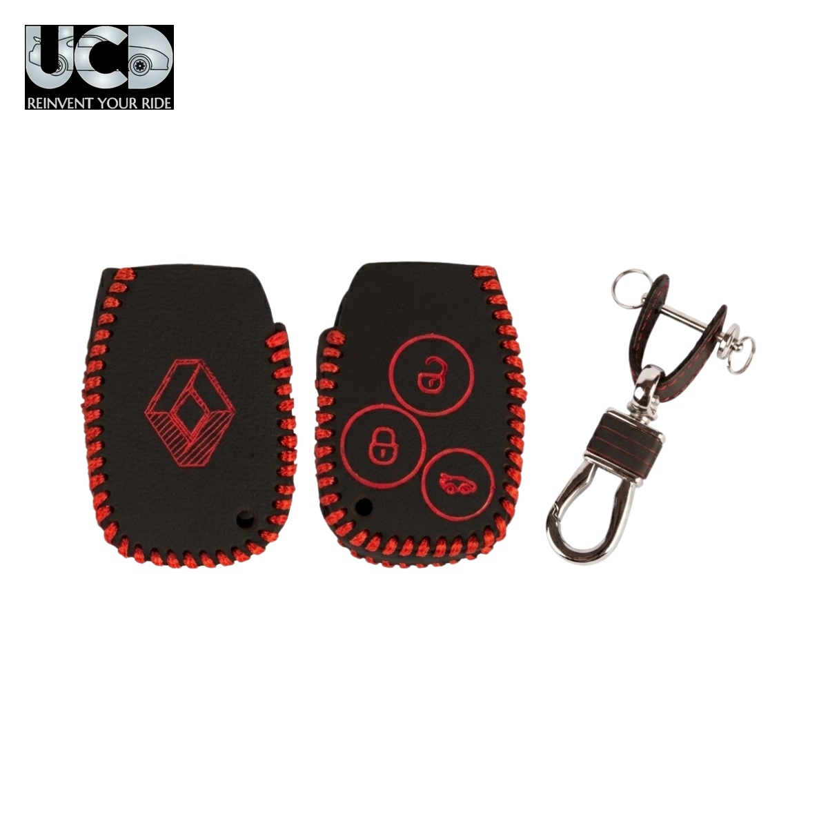 Leather Car Key Cover with Key Chain Compatible for Renault Duster, Lodgy, Logan & Verito (3 Button Remote Key) | Premium Black with Red Stitching | 360° Protection | Stylish Key Case | Pack of 1