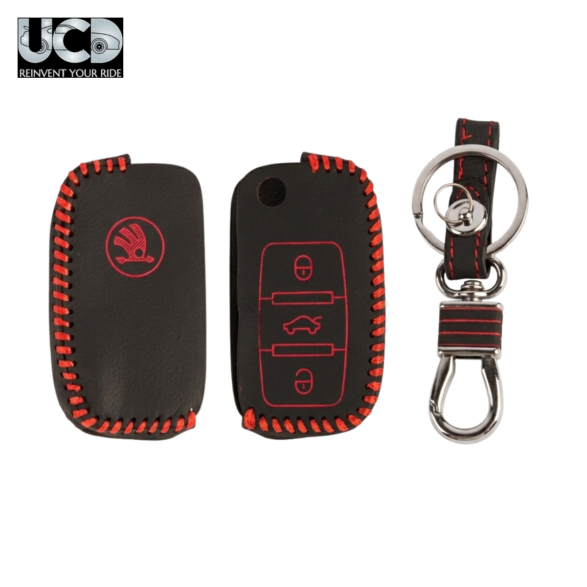 Leather Car Key Cover with Key Chain Compatible for Skoda Ameo, Jetta, Polo, Vento & Skoda Rapid, Octavia, Fabia, Laura, Superb, Yeti Premium Black with Red Stitching | 360° Protection | Stylish Key Case | Pack of 1