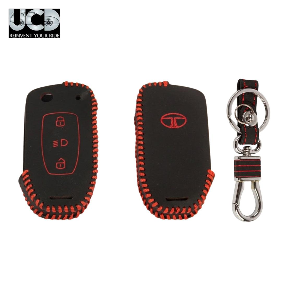 Leather Car Key Cover with Key Chain Compatible for Tata Bolt, Nexon, Tigor, Hexa, Tiago & Zest (Flip/Remote Key) | Premium Black with Red Stitching | 360° Protection | Stylish Key Case | Pack of 1