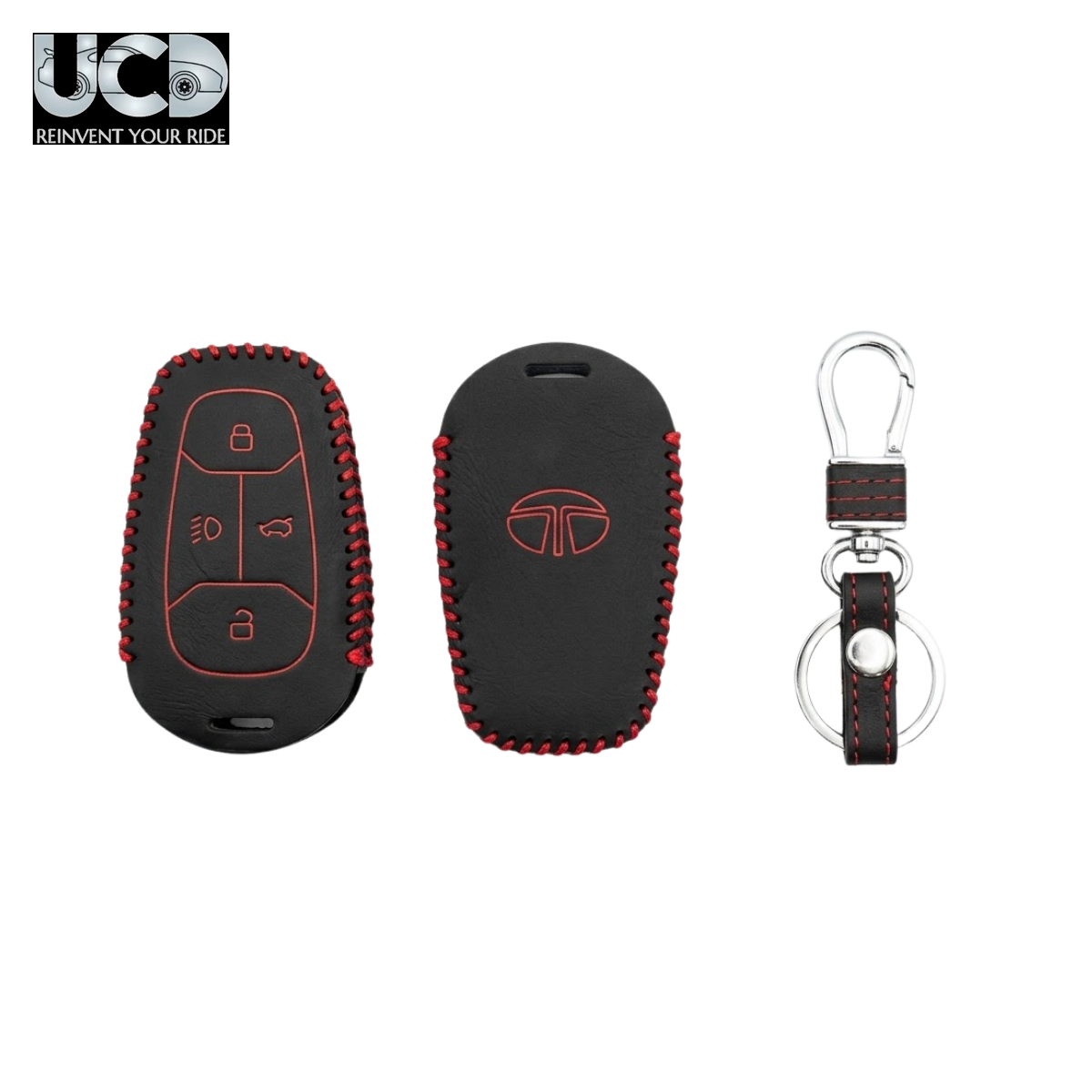 Leather Car Key Cover with Key Chain Compatible for Tata Altroz, Harrier & Nexon (Smart Key) | Premium Black with Red Stitching | 360° Protection | Stylish Key Case | Pack of 1