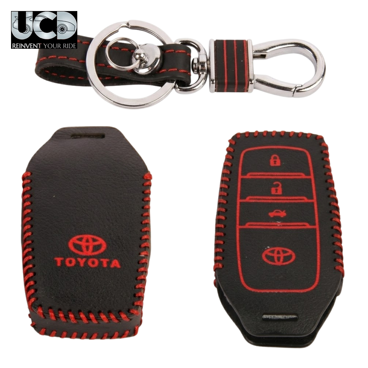 Leather Car Key Cover with Key Chain Compatible for Toyota Fortuner & Innova Crysta 3 Button Remote Key | Premium Black Leather with Red Stitching | 360° Protection | Stylish Key Case | Pack of 1