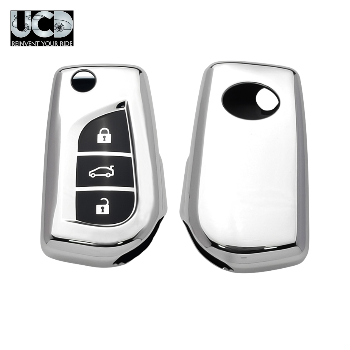 Car Key Cover Chromium Series Compatible with Toyota Corolla Altis, Innova Crysta 3 Button Flip Key | Premium Chrome Finish Hard Case | 360° Protection | Scratch Resistant Key Cover with Keychain | Pack of 1