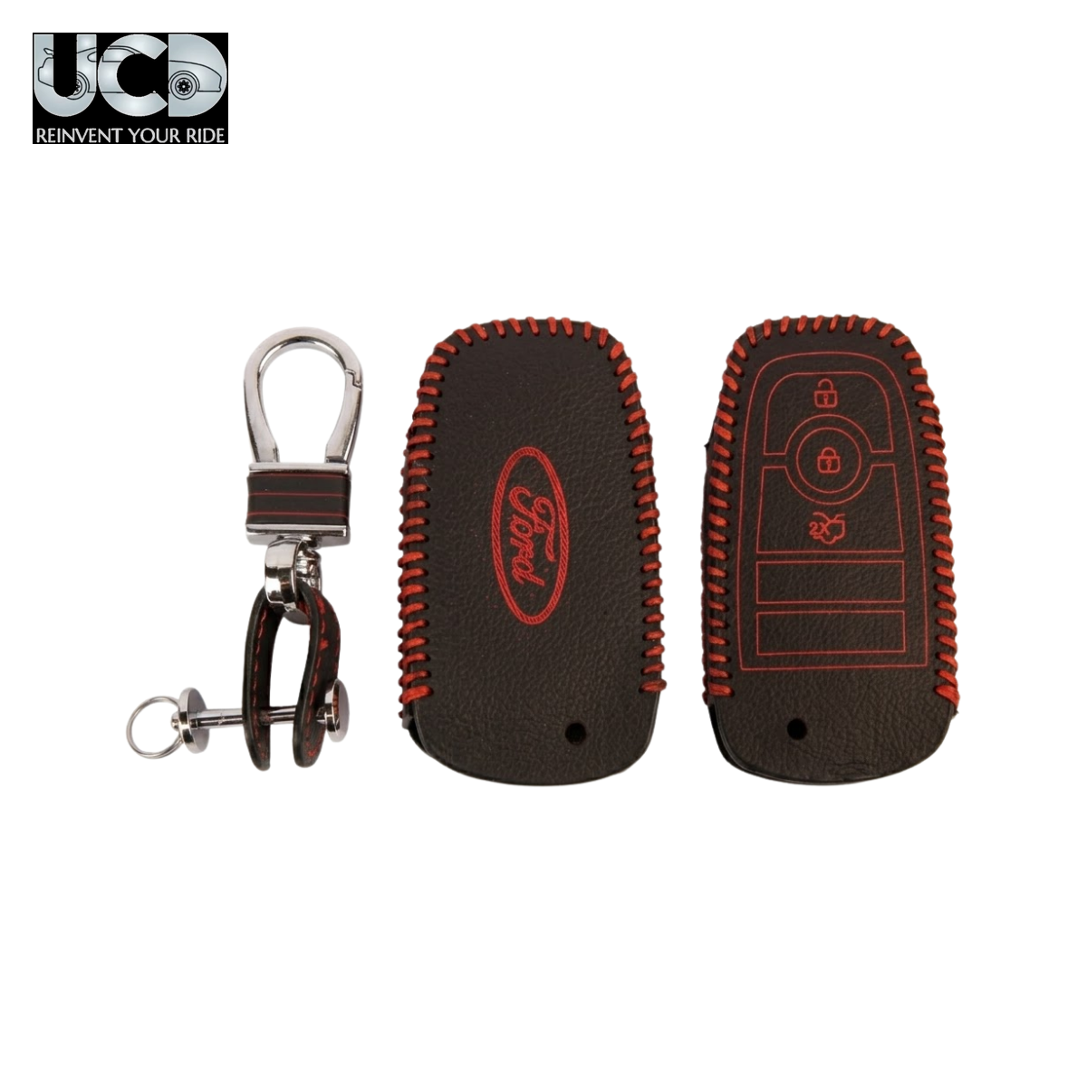 Leather Car Key Cover with Key Chain Compatible for Ford Aspire, Figo, New Fiesta, New Endeavour & New EcoSport 3 Button Smart Key | Premium Black Leather with Red Stitching | 360° Protection | Pack of 1