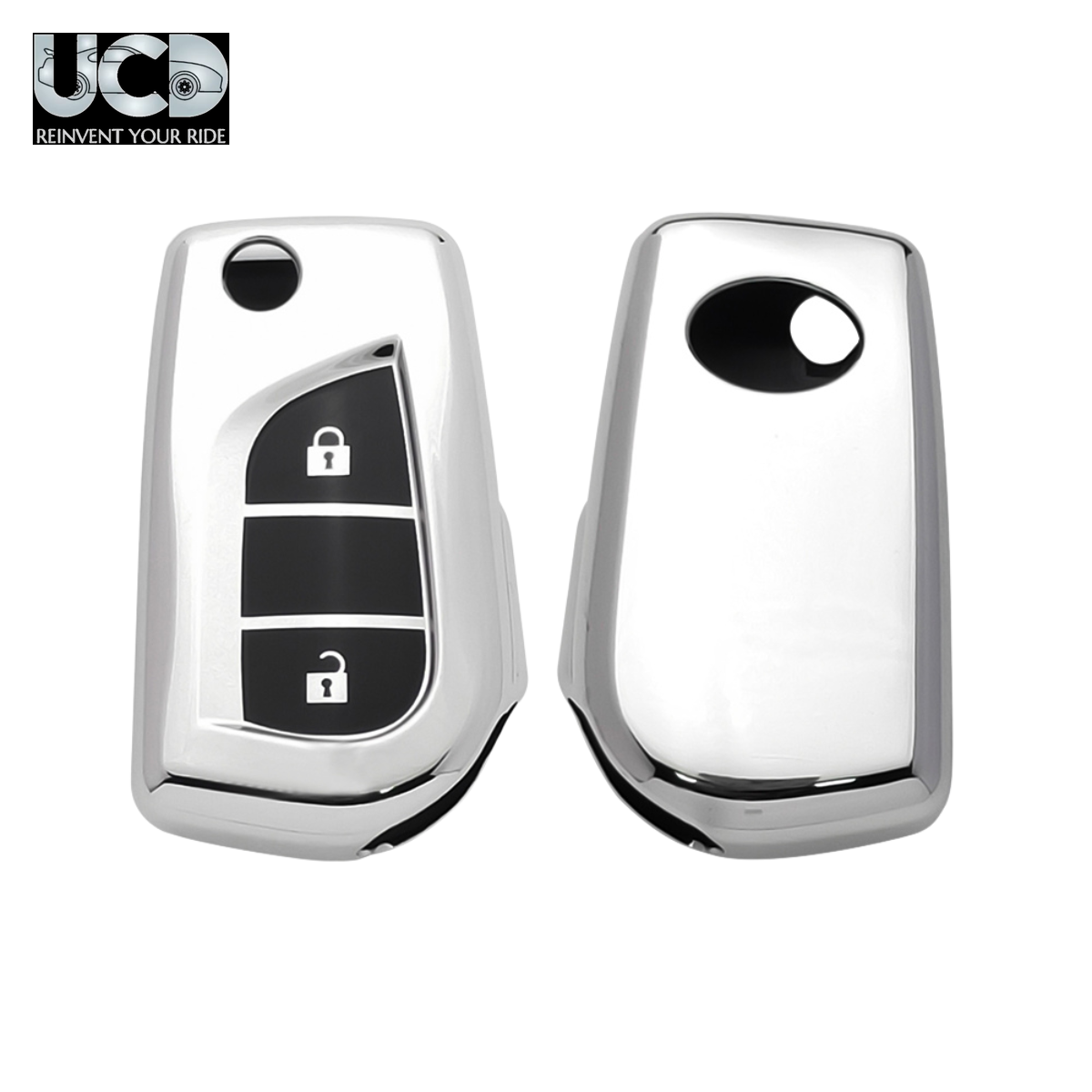 Car Key Cover Chromium Series Compatible with Toyota Corolla Altis, Innova Crysta 2 Button Flip Key | Premium Chrome Finish Hard Case | 360° Protection | Scratch Resistant Key Cover with Keychain | Pack of 1