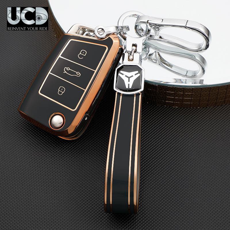 TPU Gold Series Car Key Cover With TPU Gold Key Chain For Skoda Passat