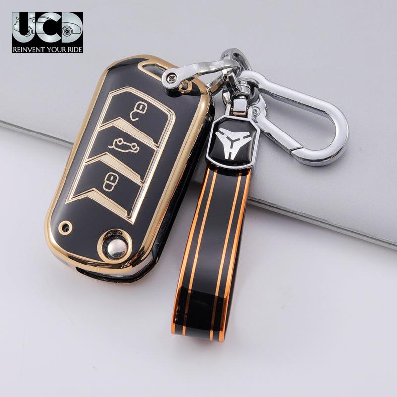 TPU Gold Series Car Key Cover With TPU Gold Key Chain For Mahindra Marazzo