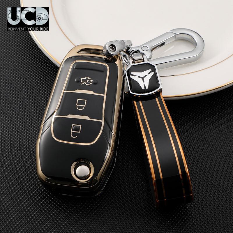 TPU Gold Series Car Key Cover With TPU Gold Key Chain For Ford Figo Flipkey
