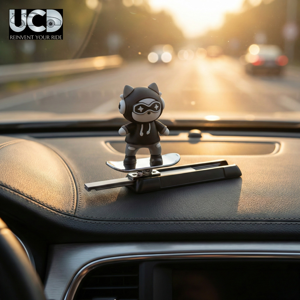 Car Dashboard Unique Sliding Bunny Car Interior Accessory – Cute Skateboarding Dashboard Decor with Temporary Parking Card Number Plate