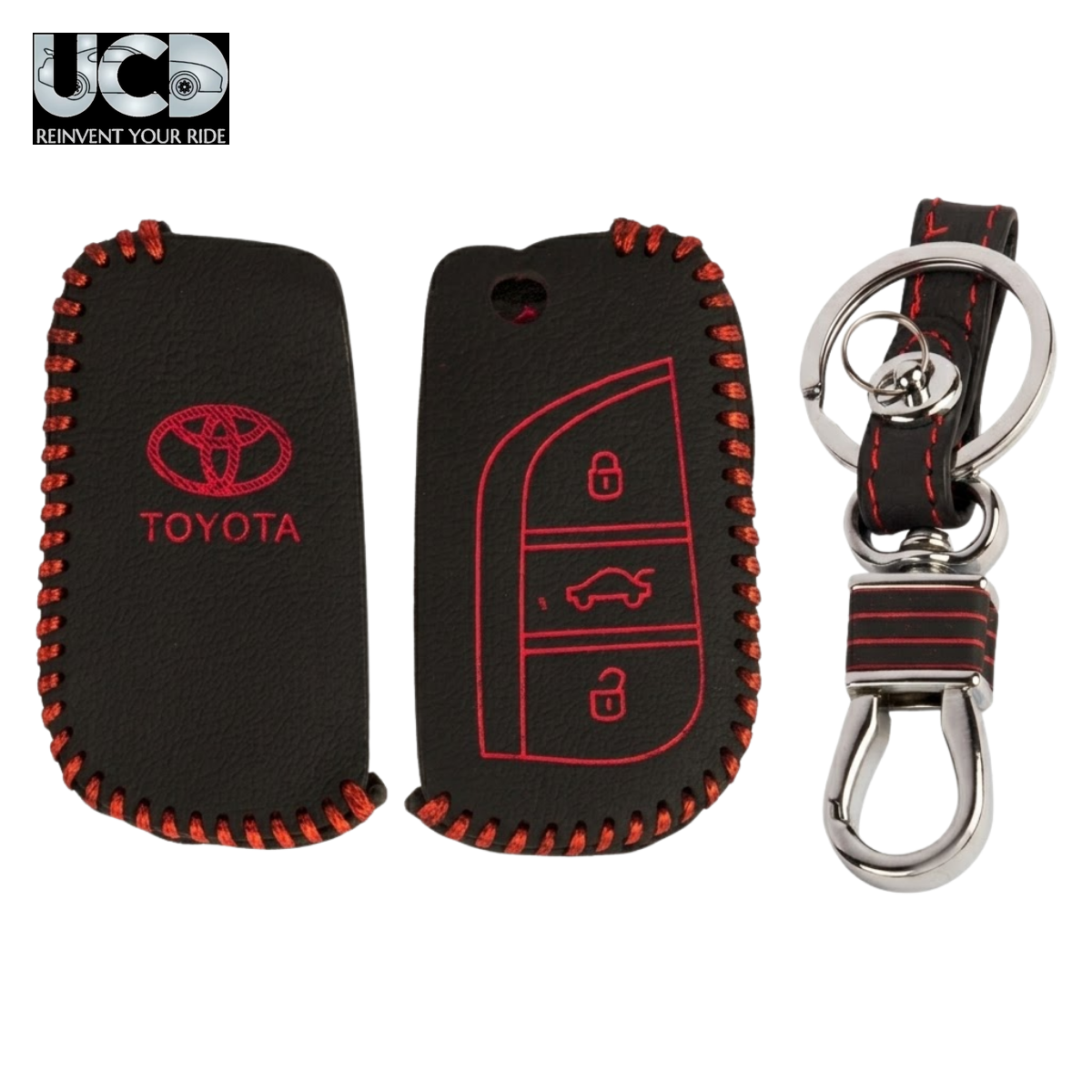 Leather Car Key Cover with Key Chain Compatible for Toyota Corolla Altis & Innova Crysta (3 Button Flip Key) | Premium Black with Red Stitching | 360° Protection | Stylish Key Case | Pack of 1
