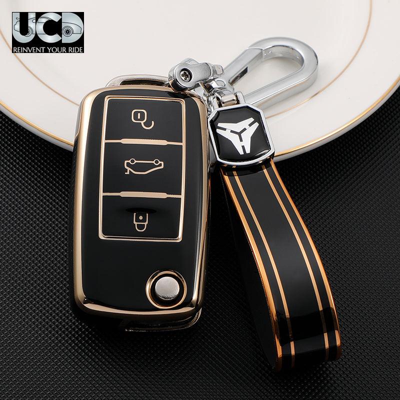 TPU Gold Series Car Key Cover With TPU Gold Key Chain For Skoda Superb
