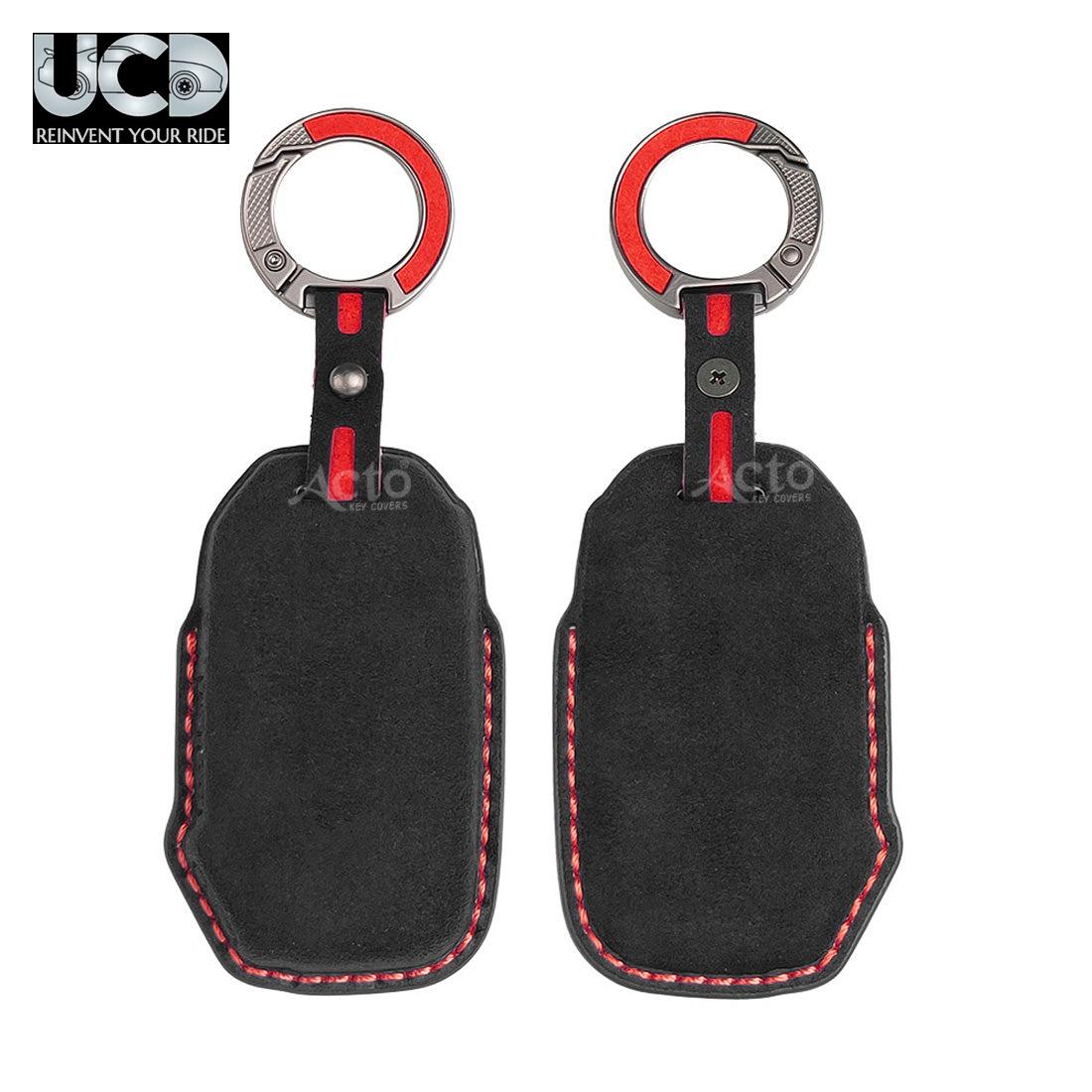 Alcantra Key Cover and Key Chain in Dashing Blue Cover and Orange Stiching Design Compatible with KIA Sonet 2025 | Seltos 2025 3 Button Smart Key Pack of 1 Set