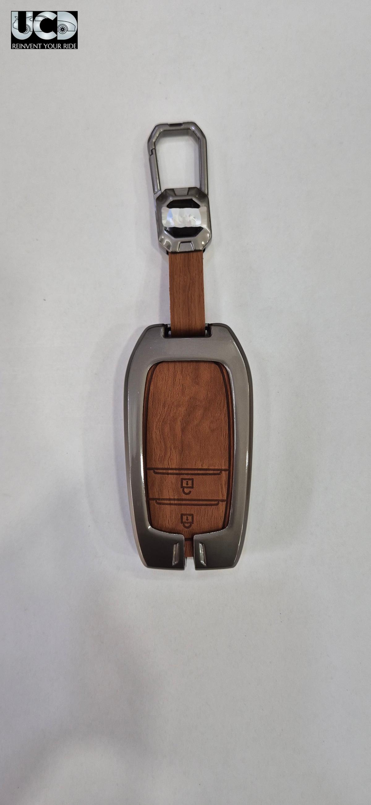 Premium Metal + Leather Key Cover with Wood Grain Finish Compatible with Toyota Crysta, Fortuner | Crysta 2 Button Smart Key Cover Pack of 1 Set