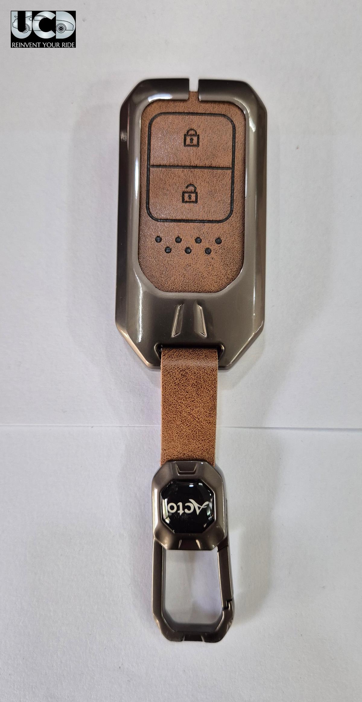 Metal Leather Car key cover with key chain Compatible With Honda