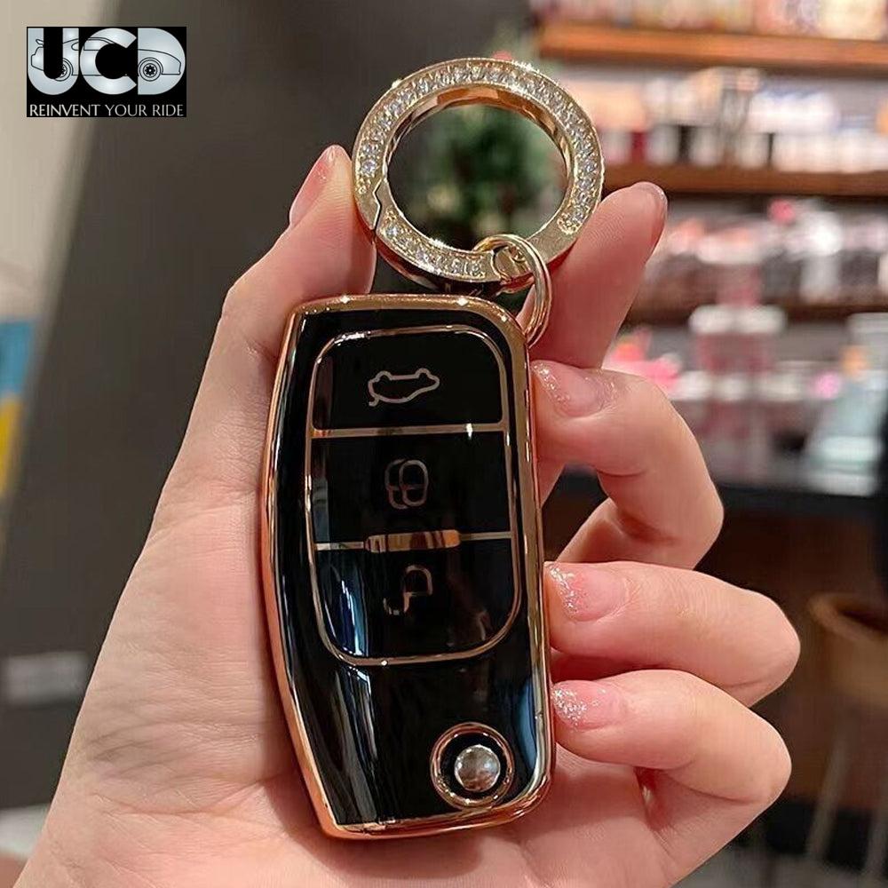 TPU Gold Series Car Key Cover With Diamond Key Ring For Ford Ecosport
