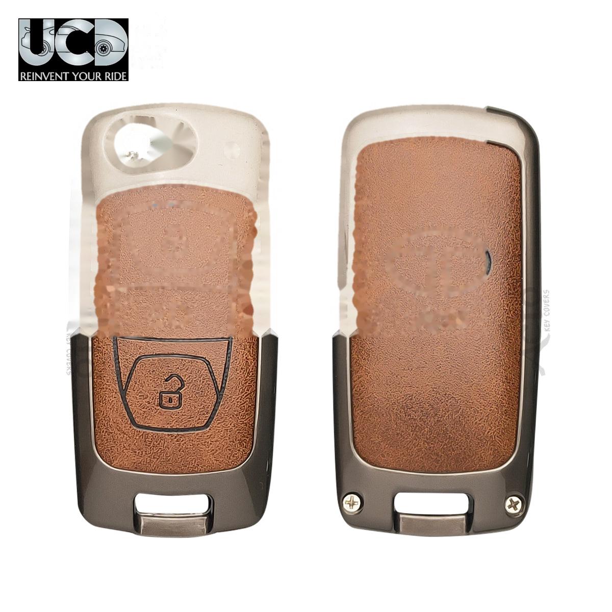 Metal Leather Car key cover with key chain Compatible With TATA
