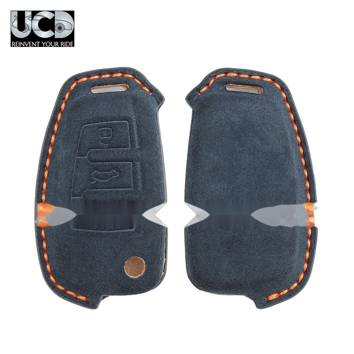 Alcantra Key Cover and Key Chain in Dashing Blue Cover and Orange Sticking Design Compatible with Audi
