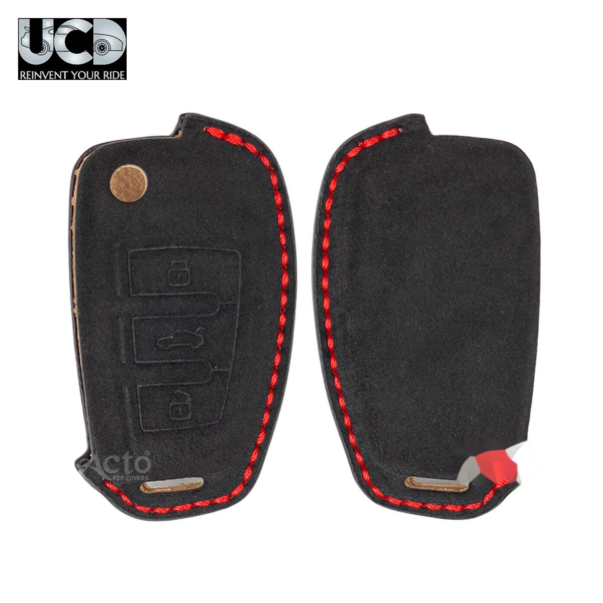 Alcantra Key Cover and Key Chain in Dashing Black cover and Red Sticking Design Compatible Audi 3 Button Smart Key Pack of 1 Set