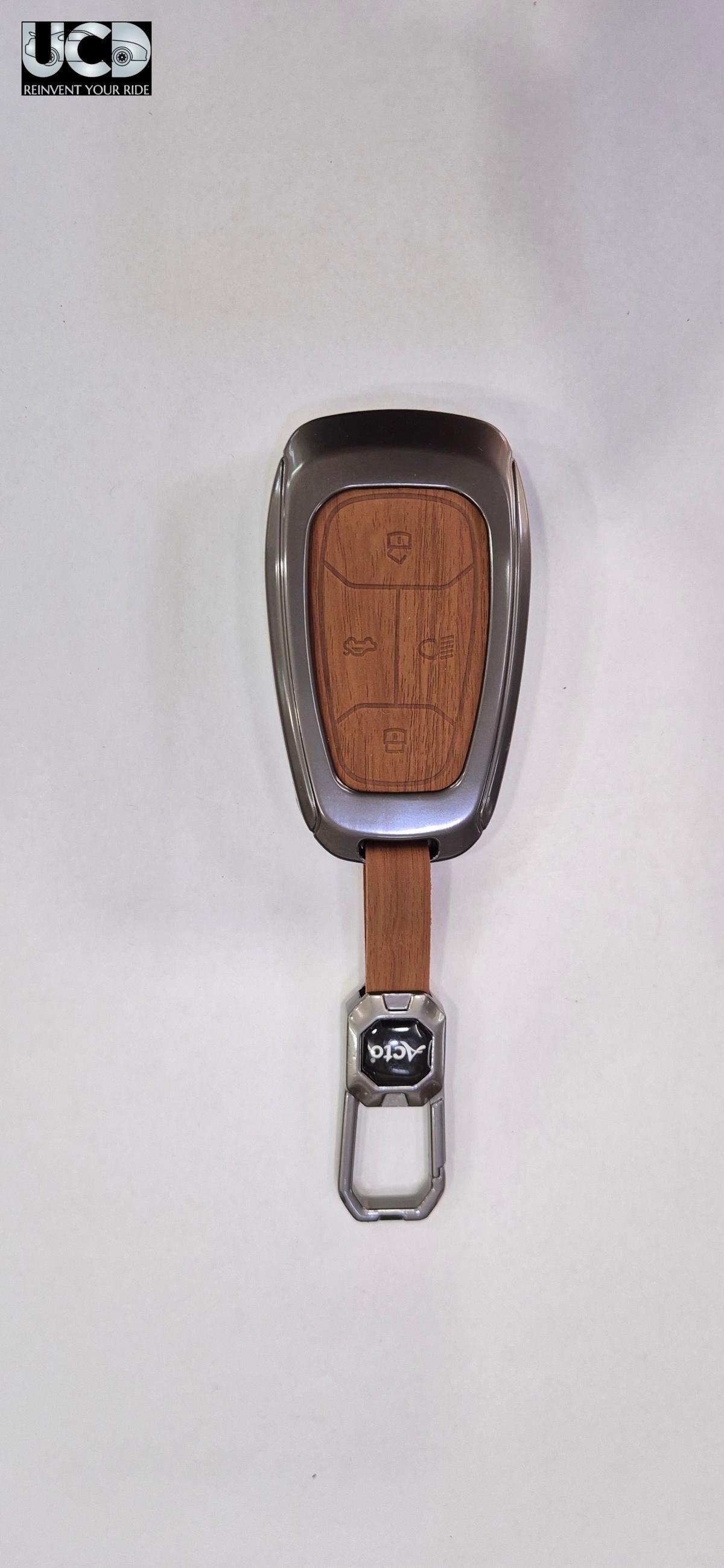 Premium Metal + Leather Key Cover with Wood Grain Finish Compatible with Tata Altroz/ Harrier/ Nexon 4 Button Smart Key Cover Pack of 1 Set