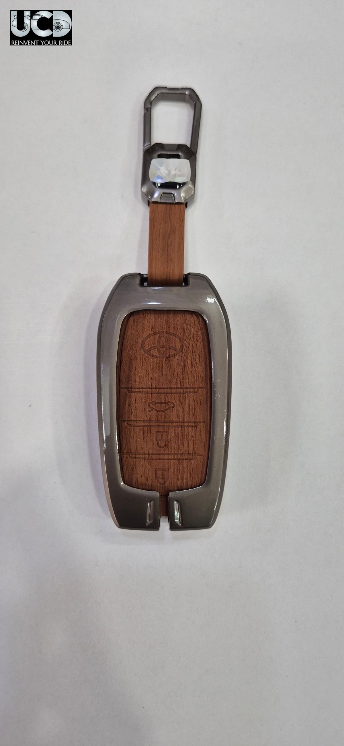 Premium Metal + Leather Key Cover with Wood Grain Finish Compatible with Toyota Crysta, Fortuner | Crysta 3 Button Smart Key Cover Pack of 1 Set