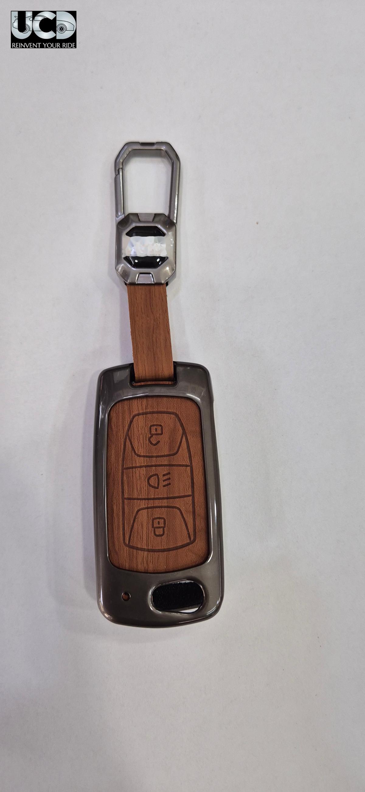 Premium Metal + Leather Key Cover with Wood Grain Finish Compatible with Tata Bolt/ Nexon/ Tigor/ Hexa/ Tiago/ Zest 3 Button Flip Key Cover Pack of 1 Set
