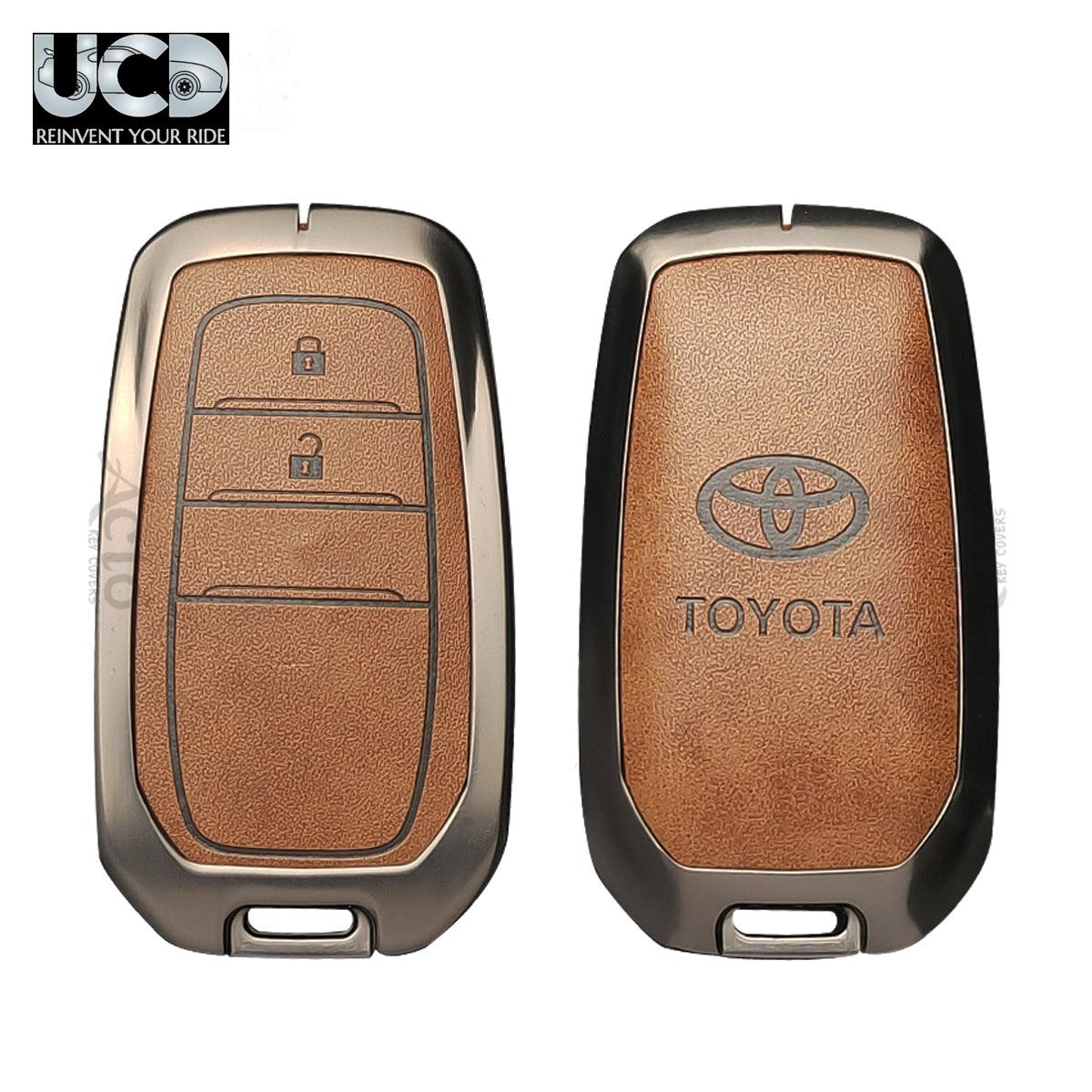Metal Leather Car key cover with key chain Compatible With Toyota Crysta, Fortuner 2 Button Smart key