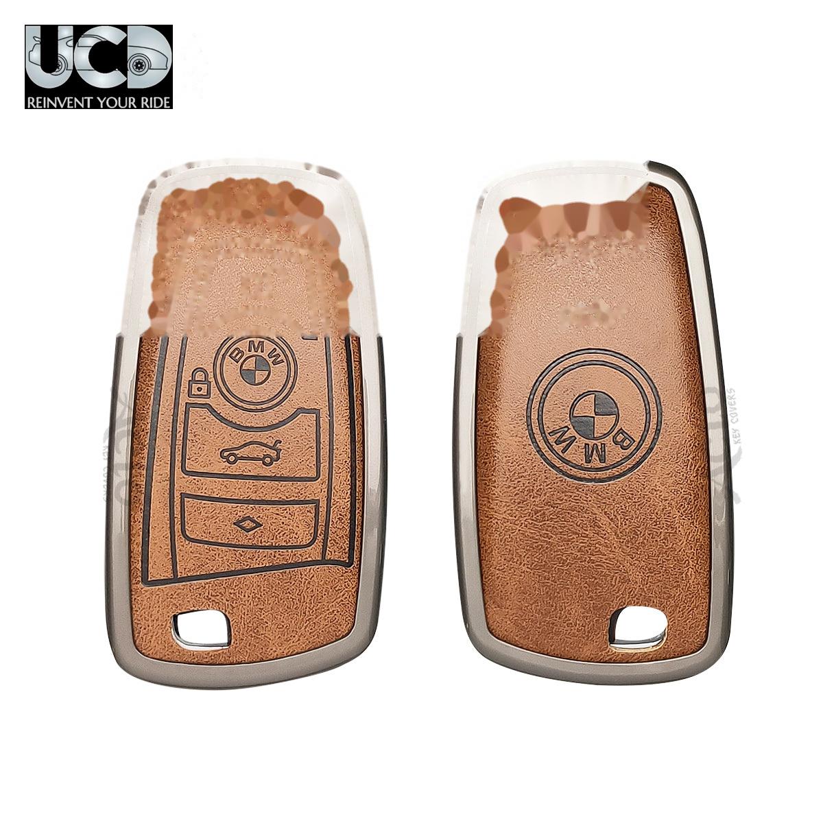Metal Leather Car key cover with key chain Compatible With BMW 3 Series