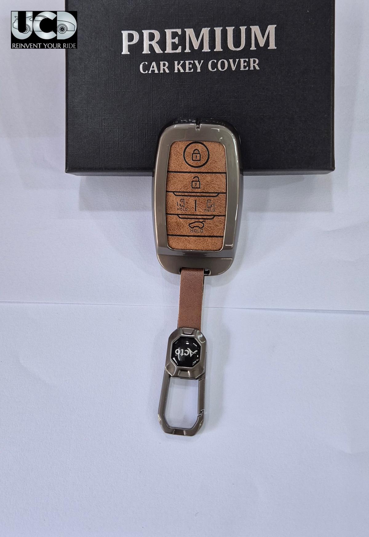 Metal Leather Car key cover with key chain Compatible With Kia