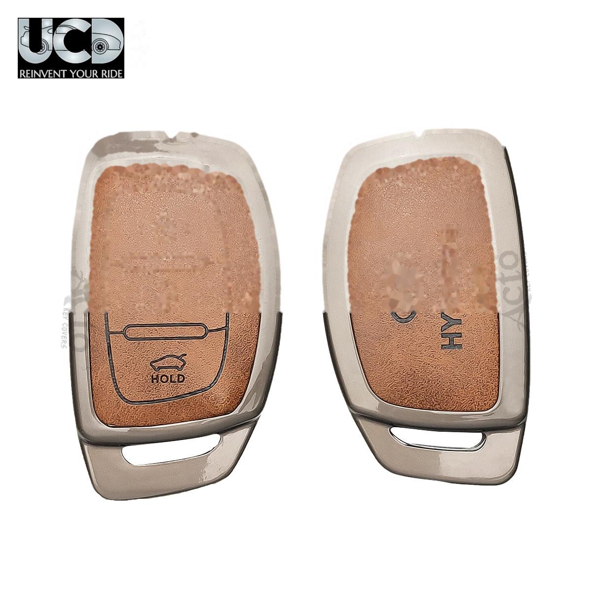 Metal Leather Car key cover with key chain Compatible With Hyundai