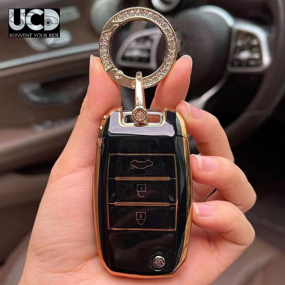 TPU Gold Series Car Key Cover With Diamond Key Ring For Kia Carens