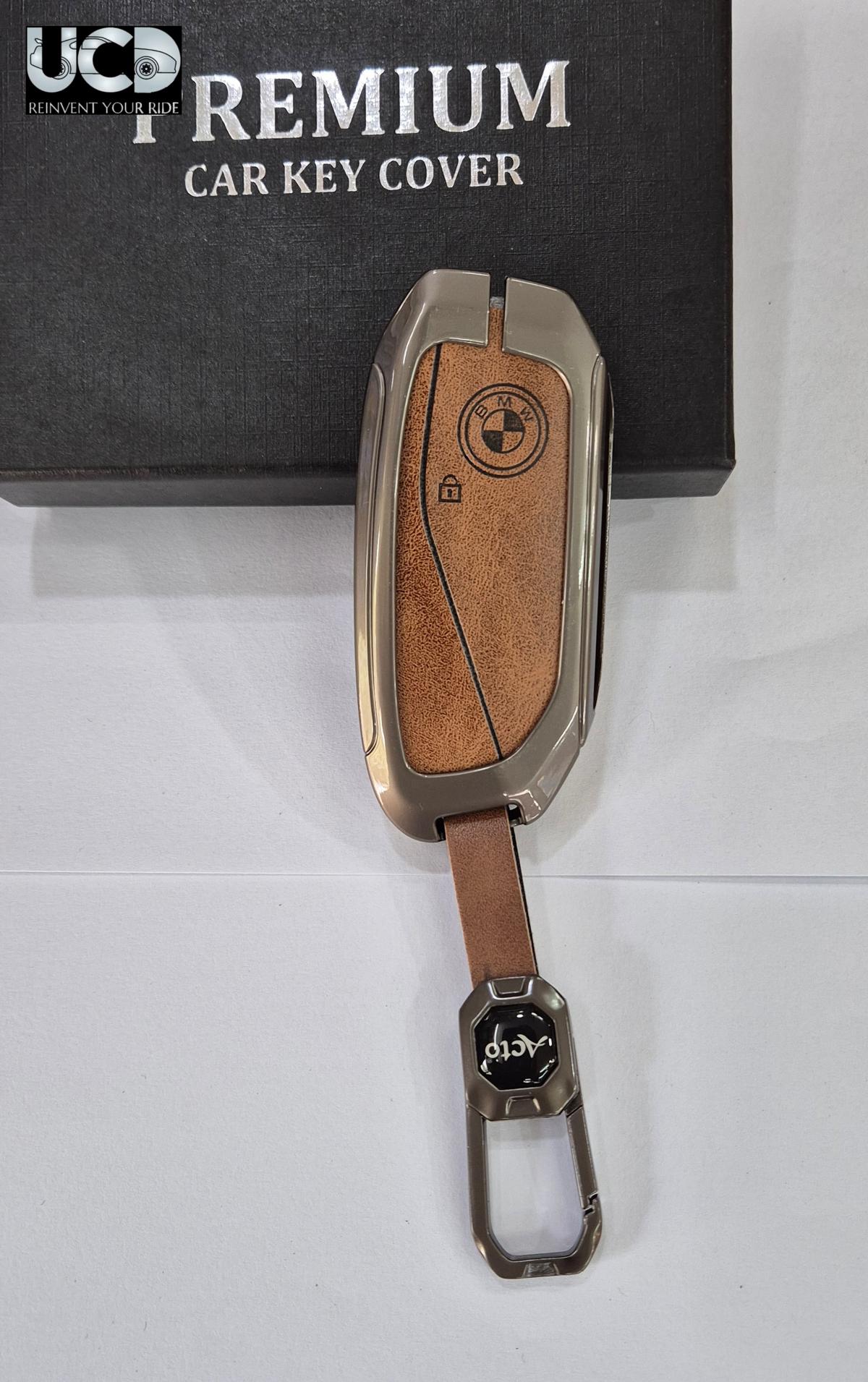 Metal Leather Car key cover with key chain Compatible With BMW