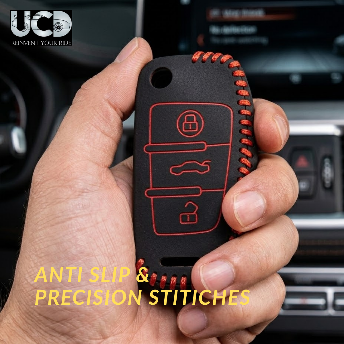 Leather Car Key Cover with Key Chain Compatible for Audi A6 / Q3 / Q5 / Q7 3 Button Smart Key | Black with Red Stitching | Premium Leather Key Case | 360° Protection | Stylish Key Fob Cover | Pack of 1
