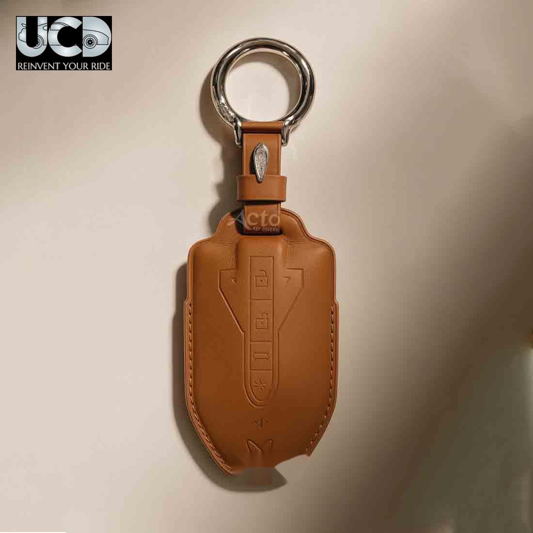 PU Leather Key Cover with Leather Key Chain Compatible with Mahindra BE 6E 3 Button Smart Key Pack of 1 Pcs