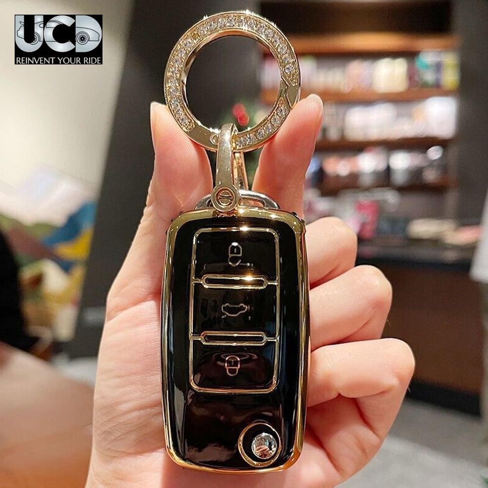 TPU Gold Series Car Key Cover With Diamond Key Ring For Skoda Ameo
