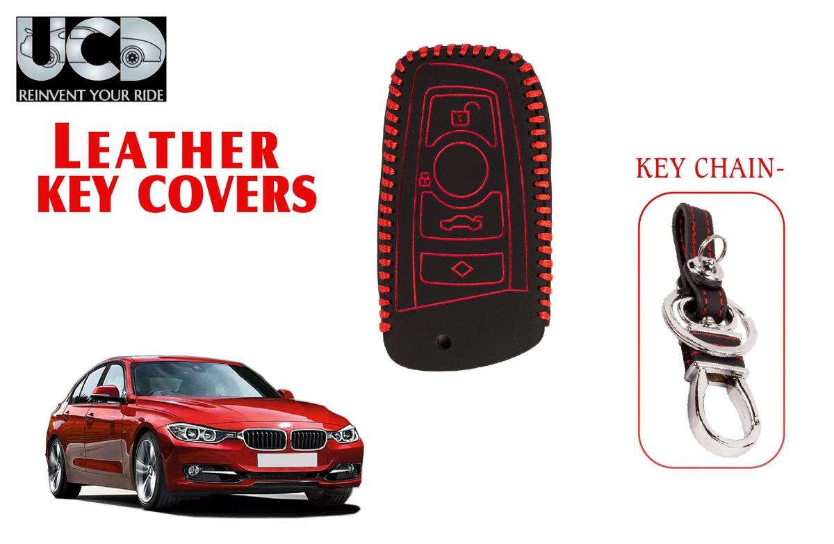 Leather key cover in Black color With Red Stitches with key chain Compatible With BMW 3 Series 4 Button