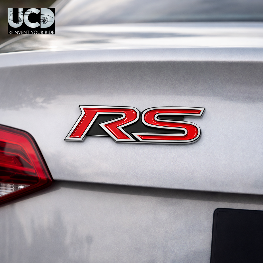 Urban Car Decor 3D Metal RS Car Badge Emblem Sticker | Premium Aluminum Alloy Chrome RS Logo Decal | Self-Adhesive Metallic Badge for Car, Bike & SUV Exterior | Stylish Auto Decoration Accessory