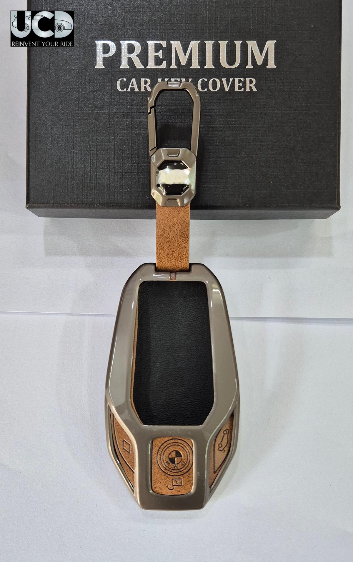 Metal Leather Car key cover with key chain Compatible With BMW