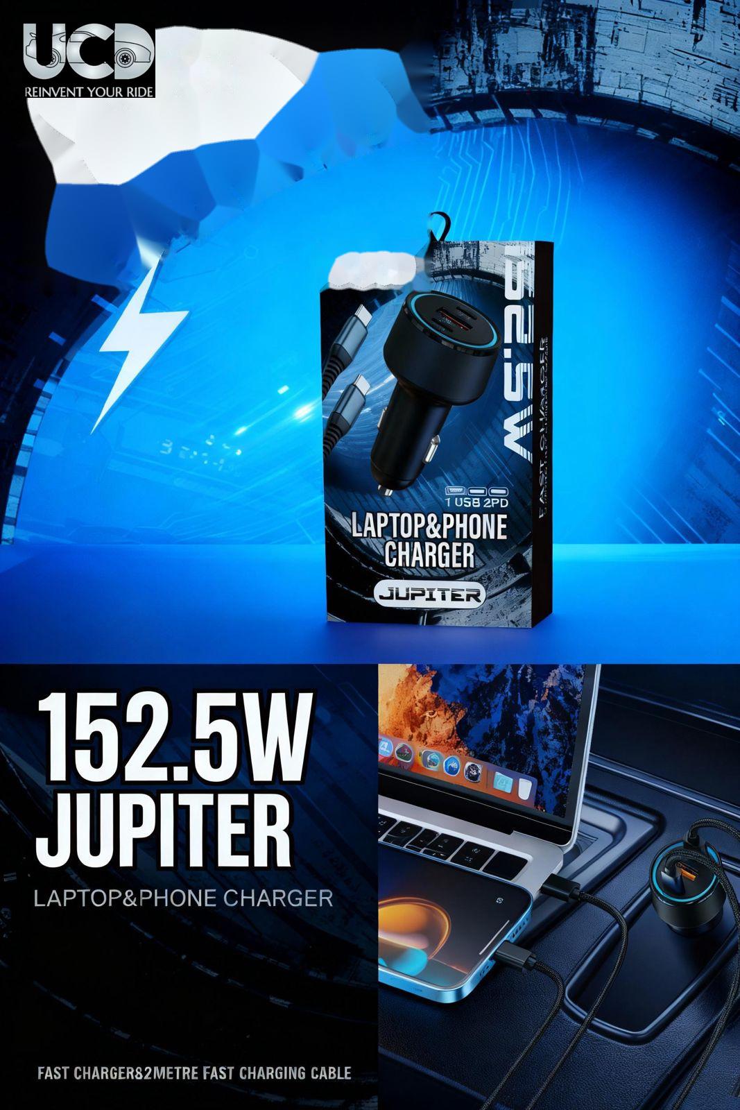 Jupiter Car Mobile & Laptop Charger with C to C Data Cable 1 USB 5V (22.5W) 2 PD 5V (100W) Laptop Support 3 PD 5V (30V) Fast Charging 152.5W & 2MeterPack of 1 Pcs